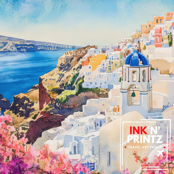 Santorini Watercolour Painting Poster Greece Wall Art Coastal Island Scene Print Gift for Europe Lovers and Fans of Scenic Greek
