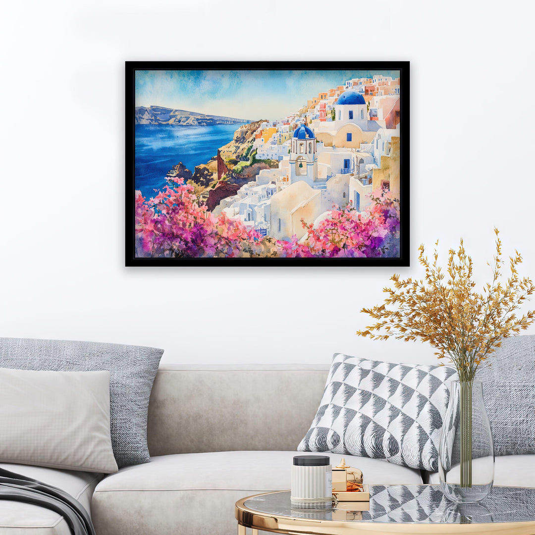 Santorini Watercolour Painting Poster Greece Wall Art Coastal Island Scene Print Gift for Europe Lovers and Fans of Scenic Greek
