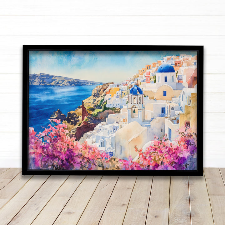Santorini Watercolour Painting Poster Greece Wall Art Coastal Island Scene Print Gift for Europe Lovers and Fans of Scenic Greek