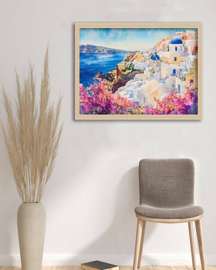 Santorini Watercolour Painting Poster Greece Wall Art Coastal Island Scene Print Gift for Europe Lovers and Fans of Scenic Greek