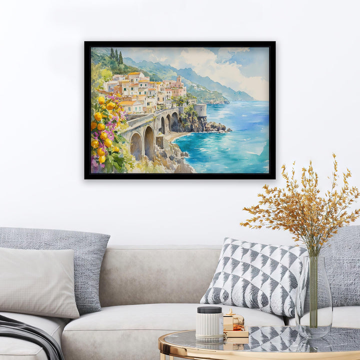 Amalfi Coast Watercolour Painting Poster Italy Wall Art Coastal Village Print Gift for Europe Lovers and Fans of Scenic Italian
