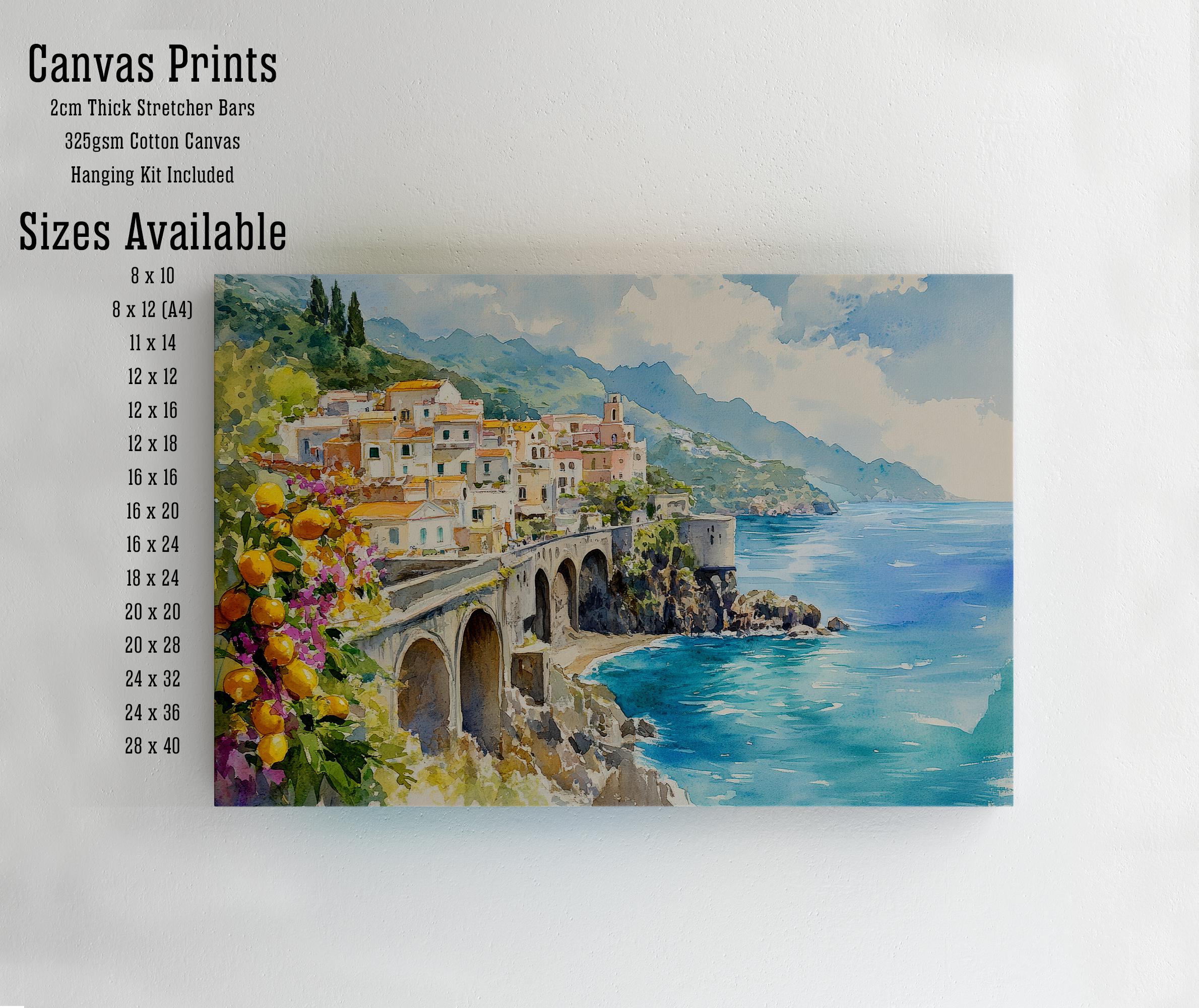 Amalfi Coast Watercolour Painting Poster Italy Wall Art Coastal Village Print Gift for Europe Lovers and Fans of Scenic Italian