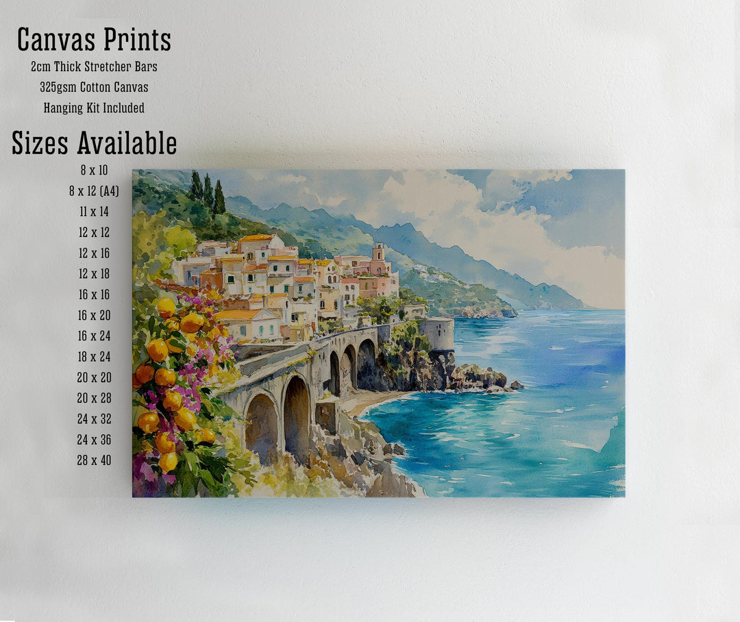 Amalfi Coast Watercolour Painting Poster Italy Wall Art Coastal Village Print Gift for Europe Lovers and Fans of Scenic Italian