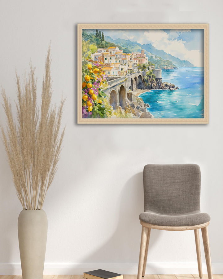 Amalfi Coast Watercolour Painting Poster Italy Wall Art Coastal Village Print Gift for Europe Lovers and Fans of Scenic Italian