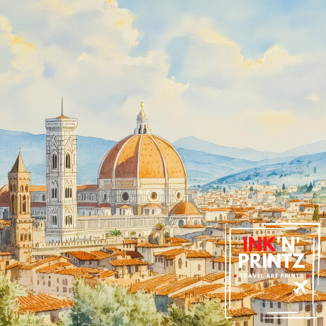 Florence Italy Watercolour Painting Poster Wall Art City Landscape Print Gift for Europe Lovers and Fans of Scenic Italian Architecture