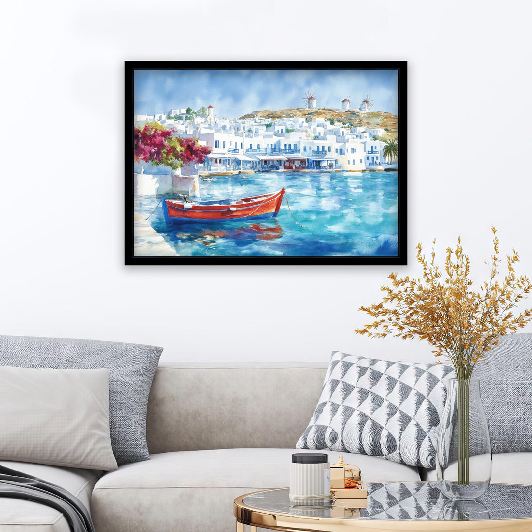 Mykonos Watercolor Painting Poster Greece Wall Art Coastal Island Scene Print Gift for Europe Lovers and Fans of Scenic Greek Mediterranean