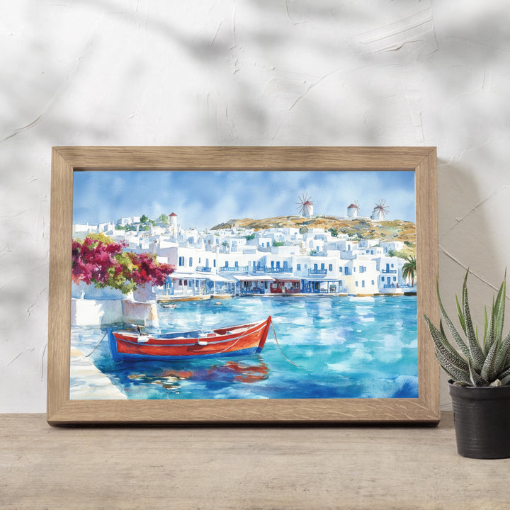Mykonos Watercolor Painting Poster Greece Wall Art Coastal Island Scene Print Gift for Europe Lovers and Fans of Scenic Greek Mediterranean