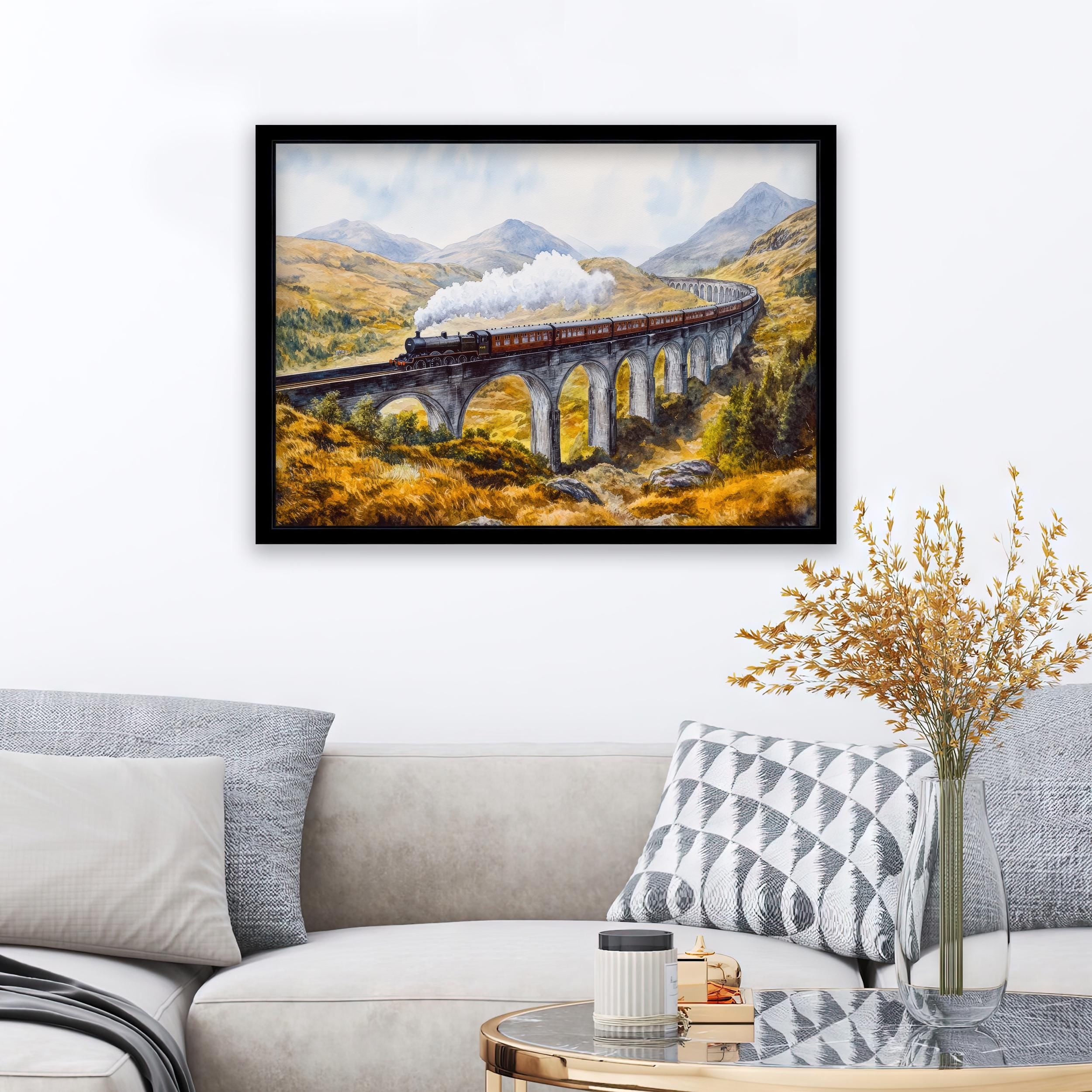 Glenfinnan Viaduct Watercolor Painting Poster Scotland Wall Art Mountain Landscape Print Gift for UK Travel Lovers and Fans of Scenic
