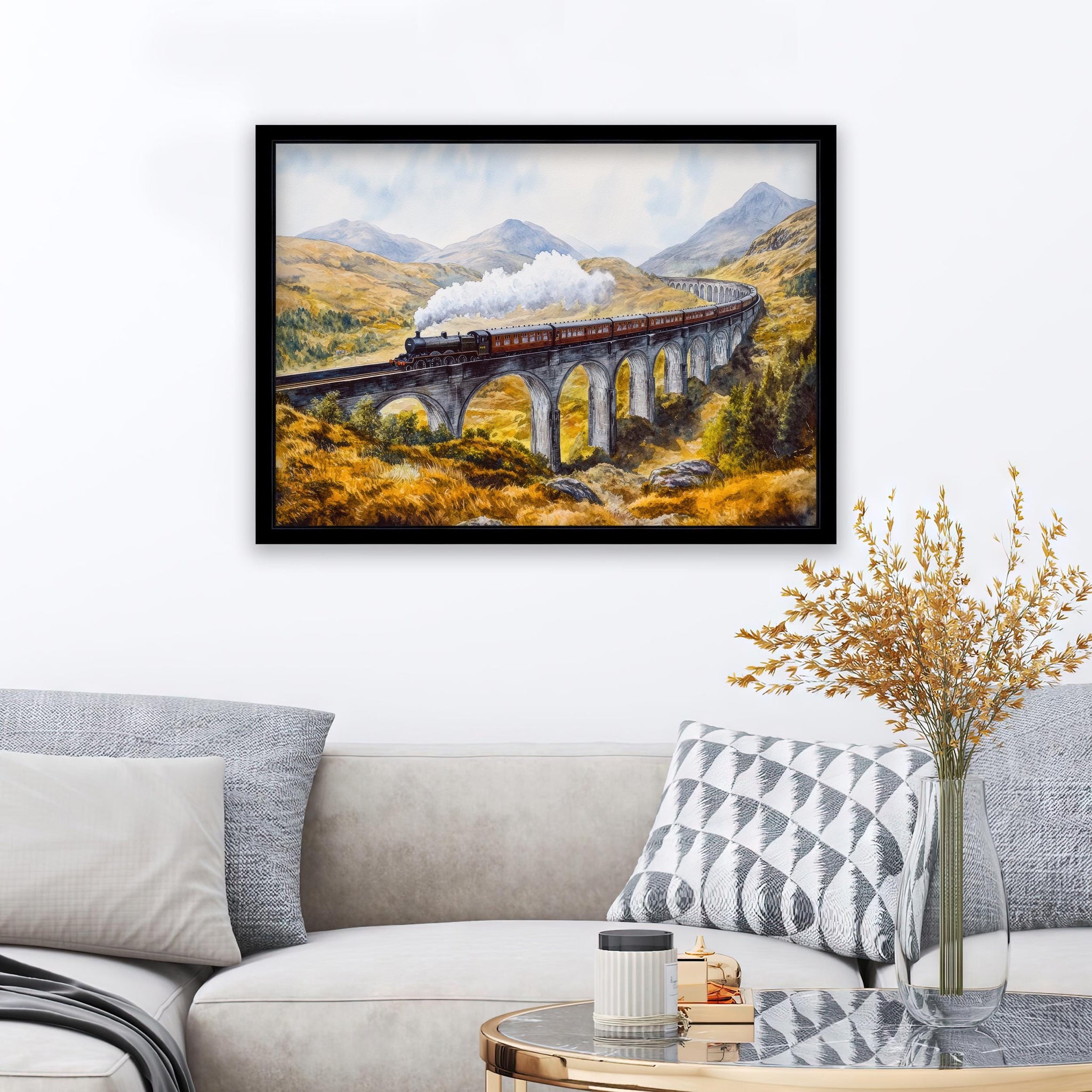 Glenfinnan Viaduct Watercolor Painting Poster Scotland Wall Art Mountain Landscape Print Gift for UK Travel Lovers and Fans of Scenic