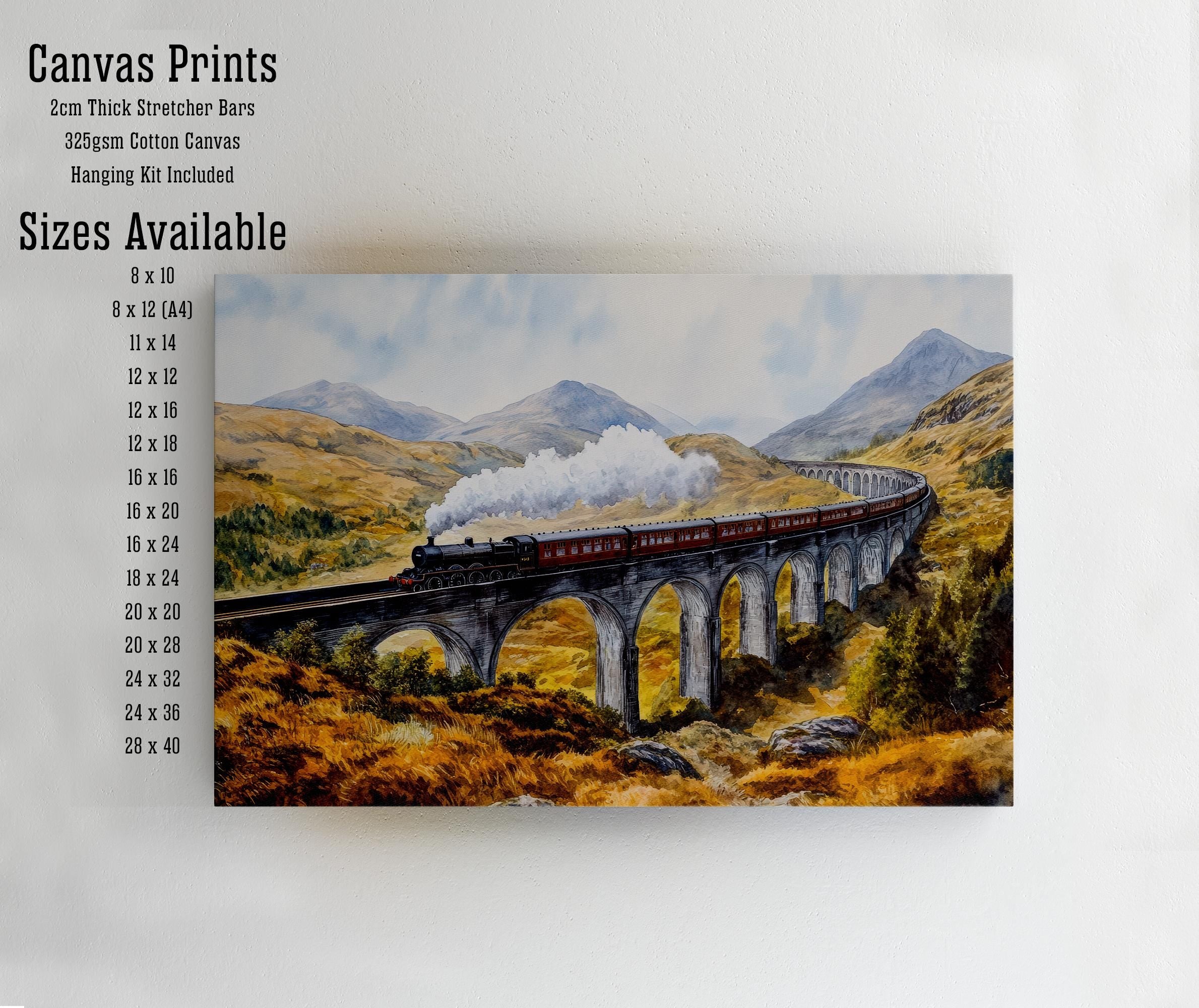 Glenfinnan Viaduct Watercolor Painting Poster Scotland Wall Art Mountain Landscape Print Gift for UK Travel Lovers and Fans of Scenic