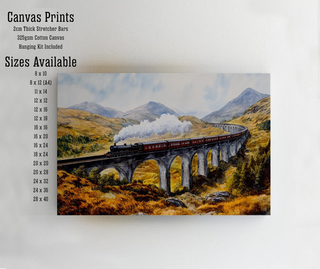 Glenfinnan Viaduct Watercolor Painting Poster Scotland Wall Art Mountain Landscape Print Gift for UK Travel Lovers and Fans of Scenic