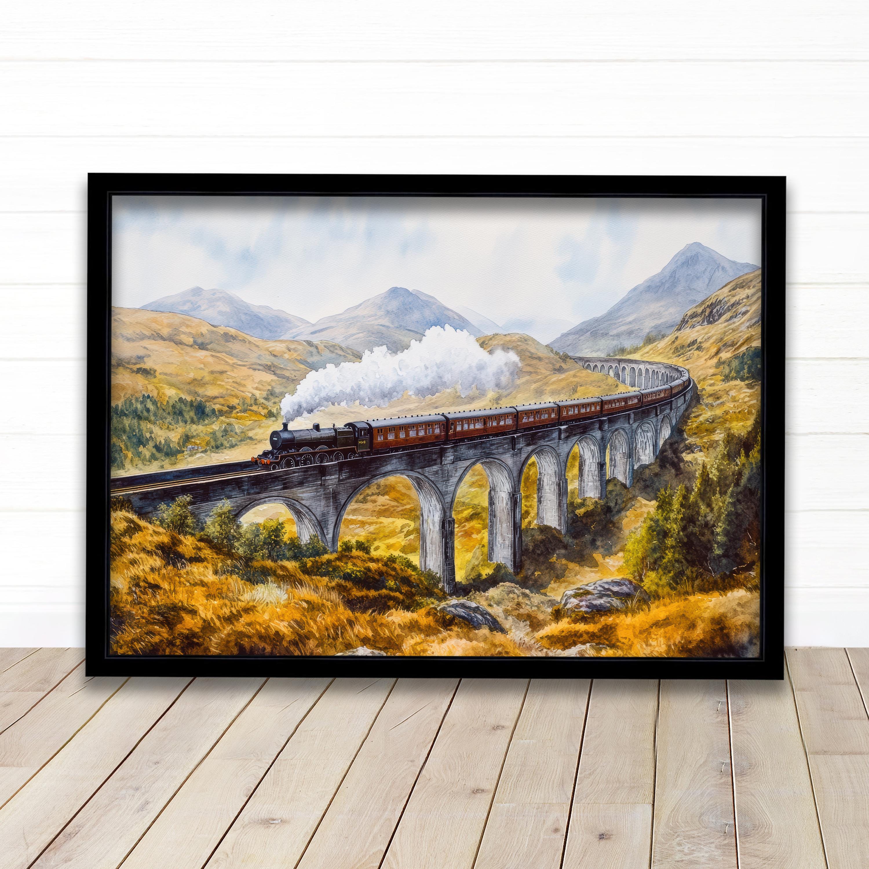 Glenfinnan Viaduct Watercolor Painting Poster Scotland Wall Art Mountain Landscape Print Gift for UK Travel Lovers and Fans of Scenic