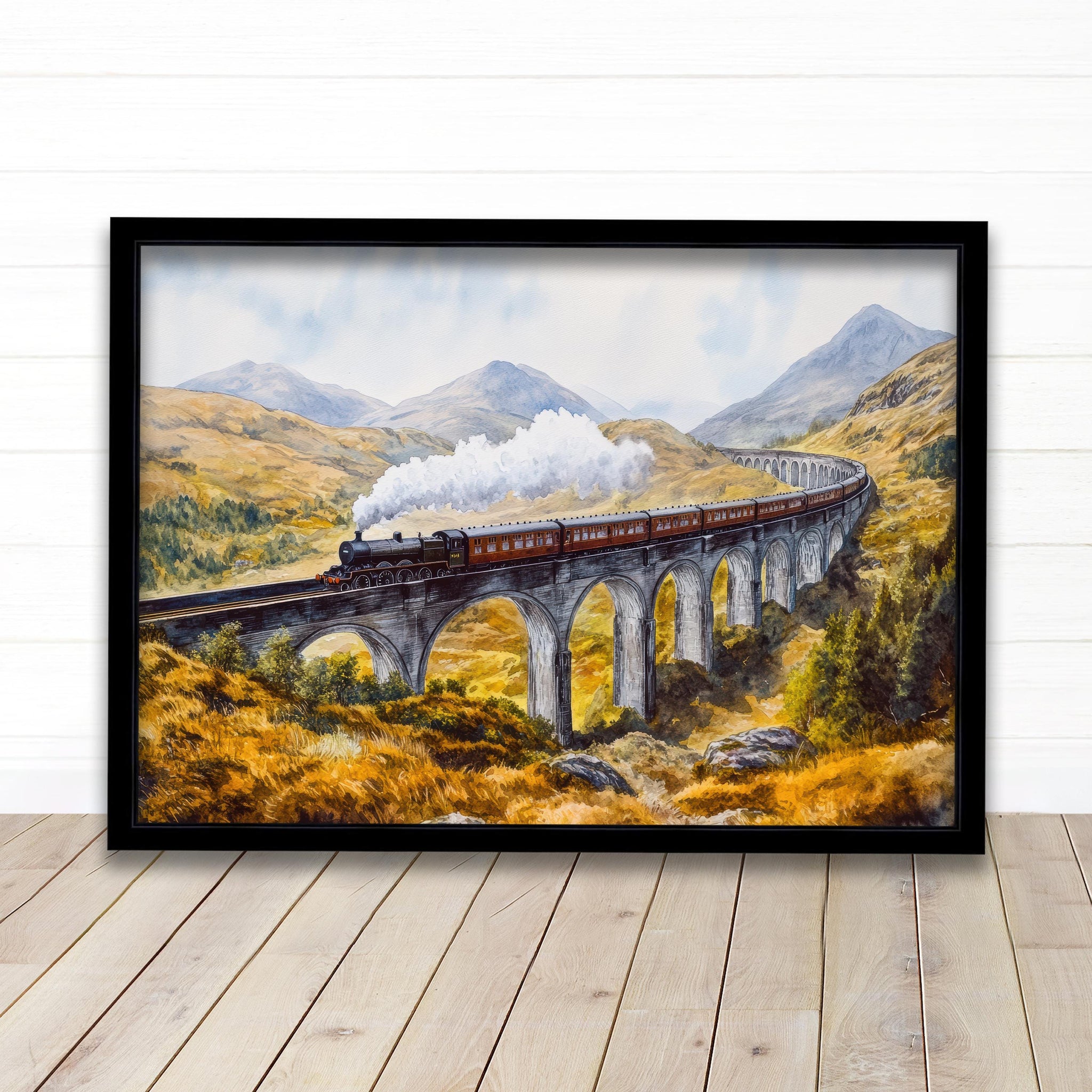 Glenfinnan Viaduct Watercolor Painting Poster Scotland Wall Art Mountain Landscape Print Gift for UK Travel Lovers and Fans of Scenic