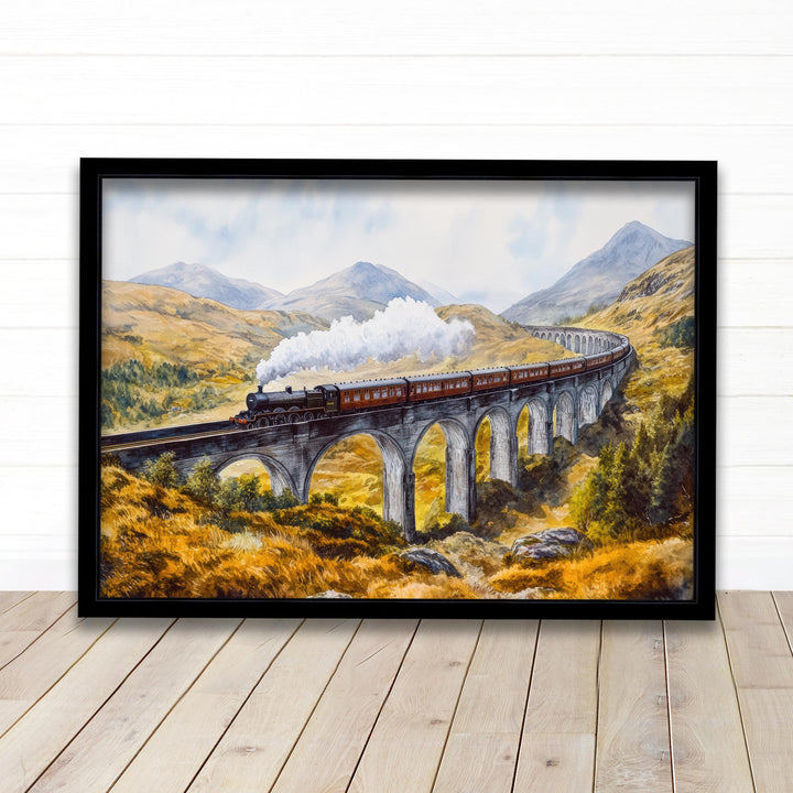 Glenfinnan Viaduct Watercolor Painting Poster Scotland Wall Art Mountain Landscape Print Gift for UK Travel Lovers and Fans of Scenic