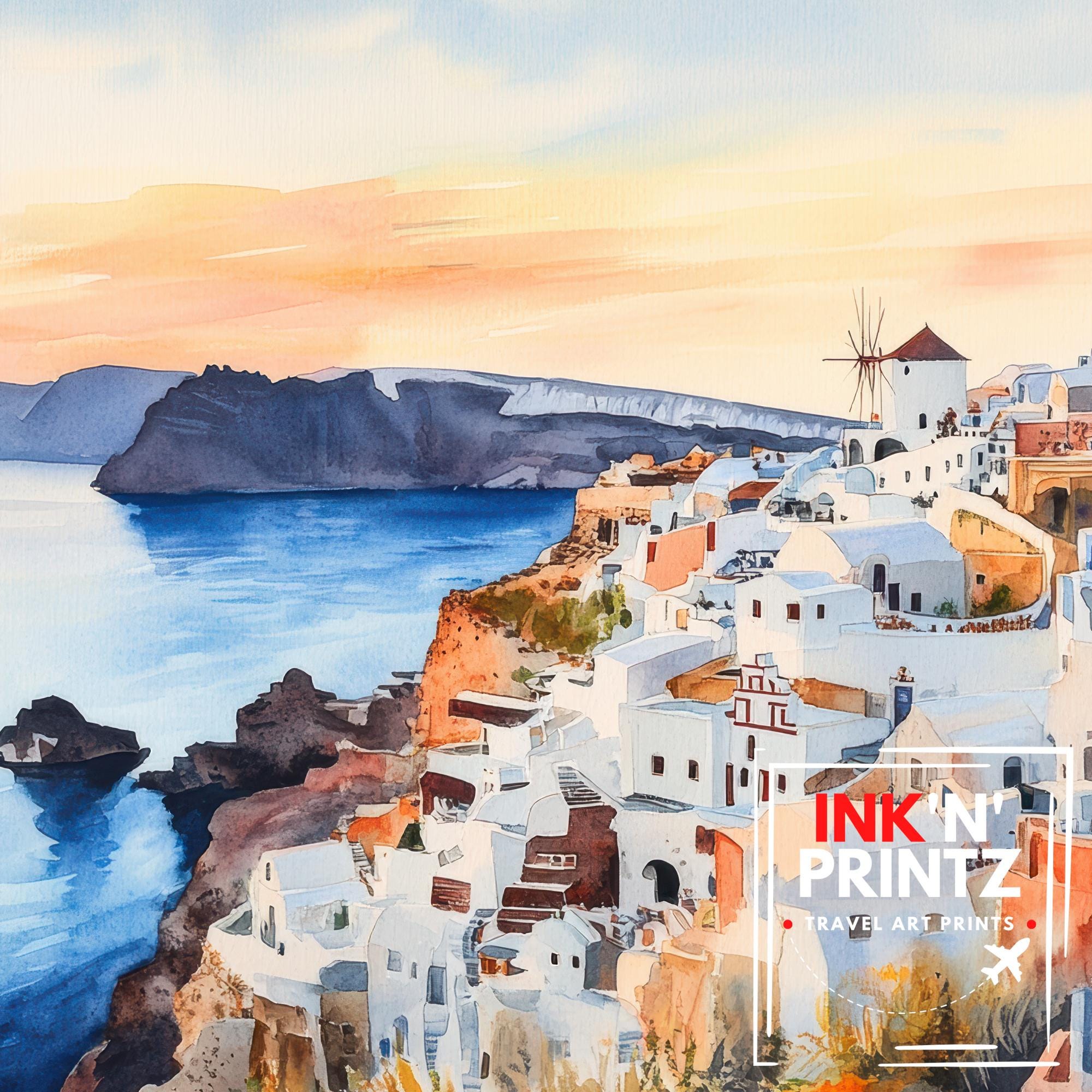 Santorini Watercolour Painting Poster Greece Wall Art Coastal Island Scene Print Gift for Europe Lovers and Fans of Scenic Greek