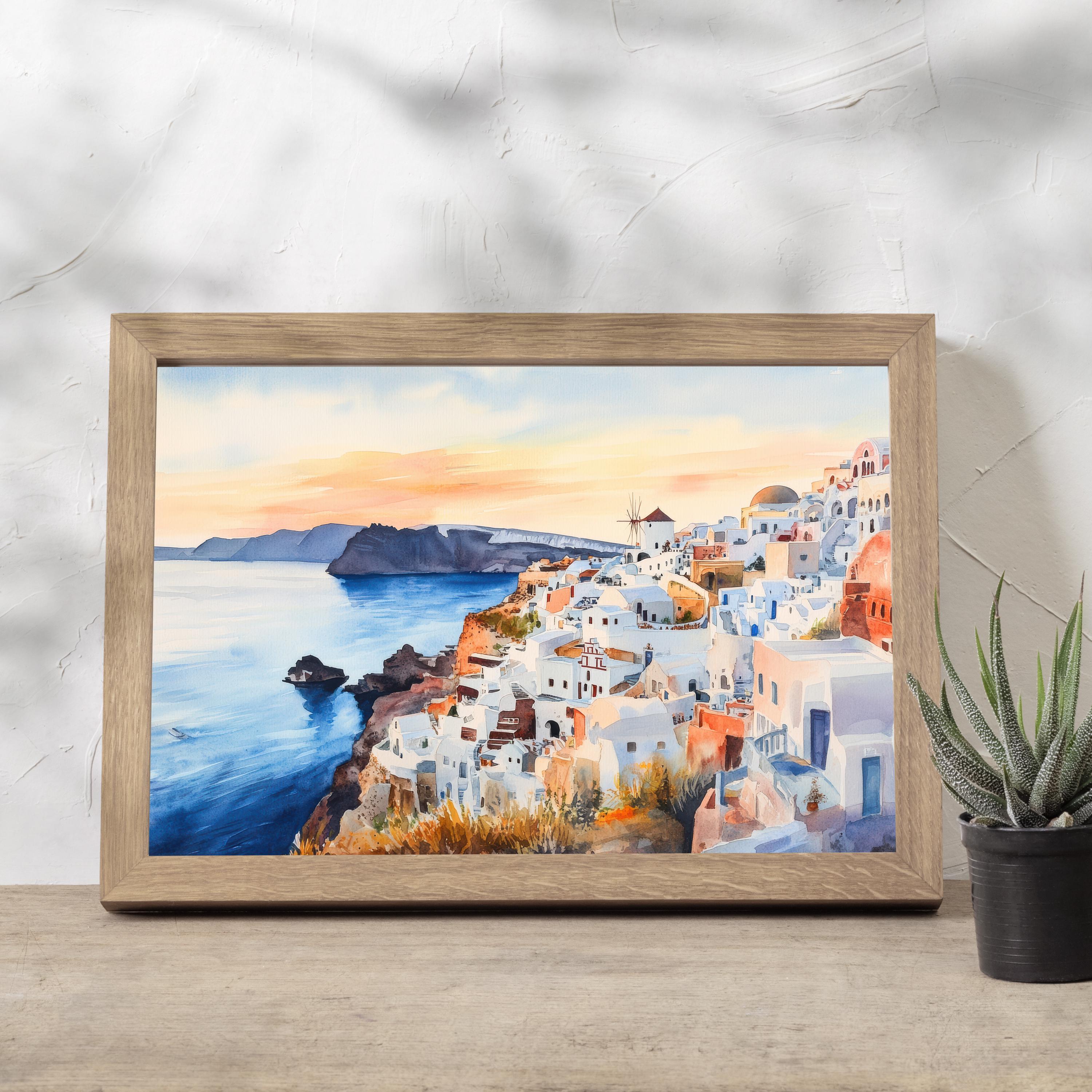 Santorini Watercolour Painting Poster Greece Wall Art Coastal Island Scene Print Gift for Europe Lovers and Fans of Scenic Greek