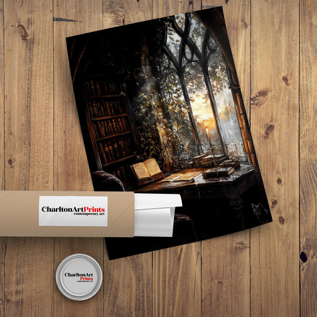 Gothic Study Art Print Dark Academia Wall Art Vintage Library Painting Moody Candlelit Interior Literary Home Decor