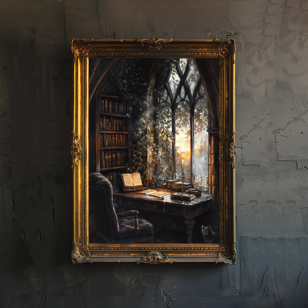 Gothic Study Art Print Dark Academia Wall Art Vintage Library Painting Moody Candlelit Interior Literary Home Decor