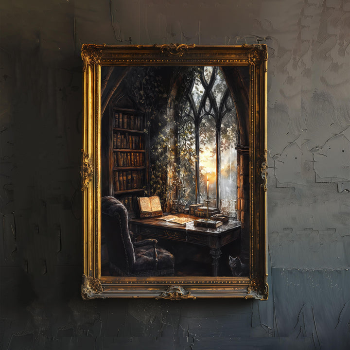 Gothic Study Art Print Dark Academia Wall Art Vintage Library Painting Moody Candlelit Interior Literary Home Decor