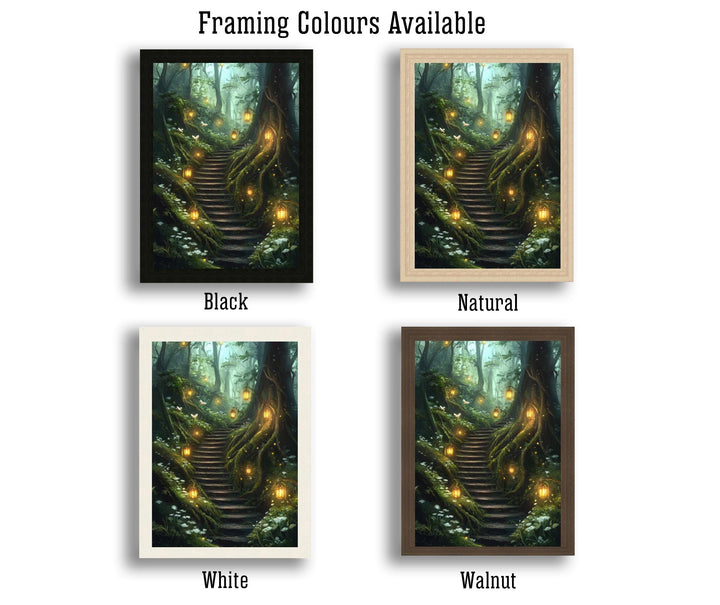 Forest Lantern Stairway Art Print Cottagecore Landscape Wall Art Enchanted Woodland Path Painting Rustic Nature Decor