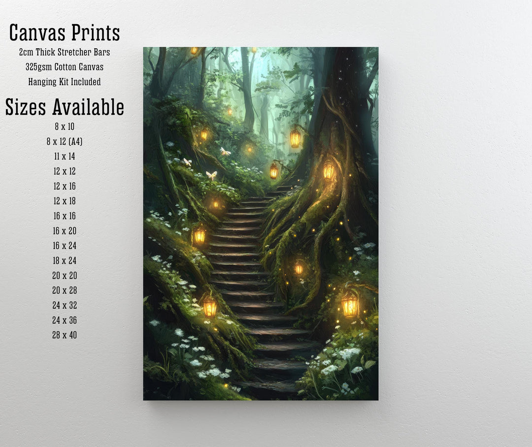 Forest Lantern Stairway Art Print Cottagecore Landscape Wall Art Enchanted Woodland Path Painting Rustic Nature Decor
