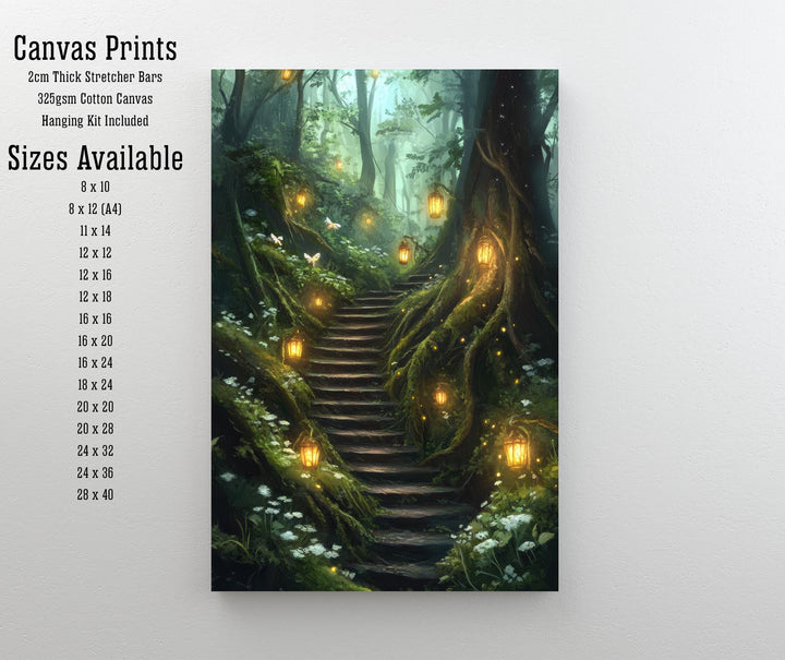 Forest Lantern Stairway Art Print Cottagecore Landscape Wall Art Enchanted Woodland Path Painting Rustic Nature Decor