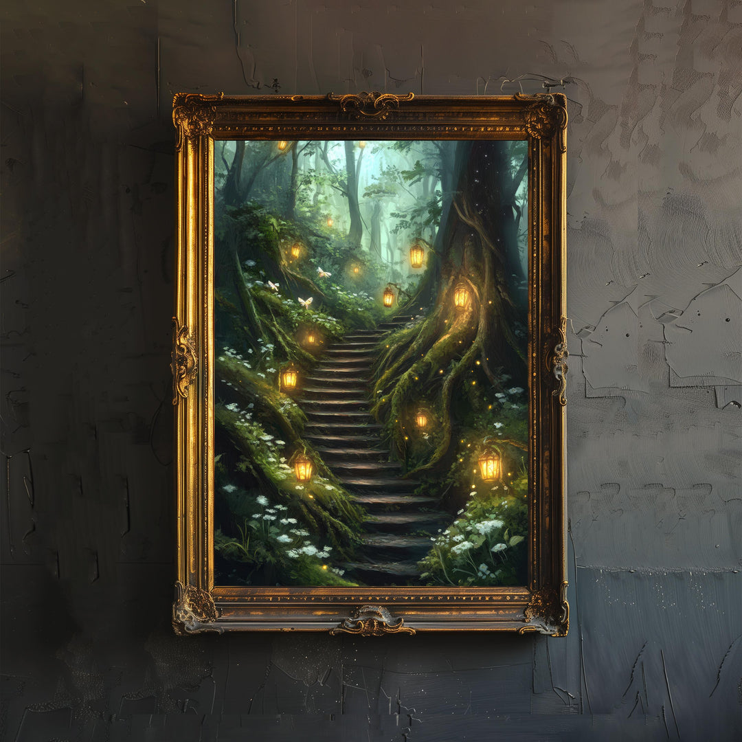 Forest Lantern Stairway Art Print Cottagecore Landscape Wall Art Enchanted Woodland Path Painting Rustic Nature Decor