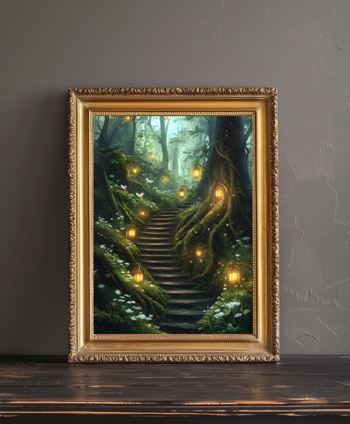 Forest Lantern Stairway Art Print Cottagecore Landscape Wall Art Enchanted Woodland Path Painting Rustic Nature Decor