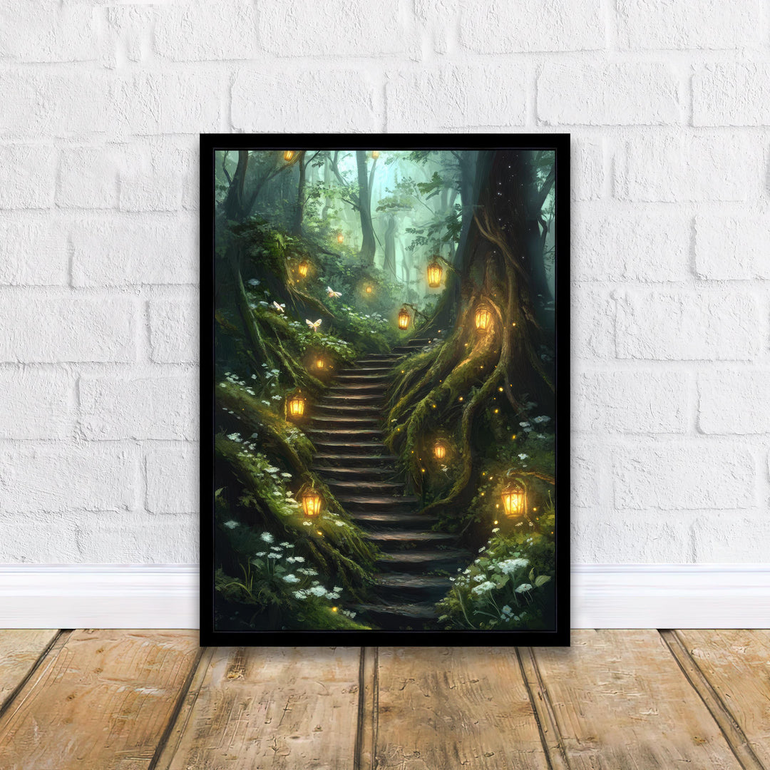 Forest Lantern Stairway Art Print Cottagecore Landscape Wall Art Enchanted Woodland Path Painting Rustic Nature Decor