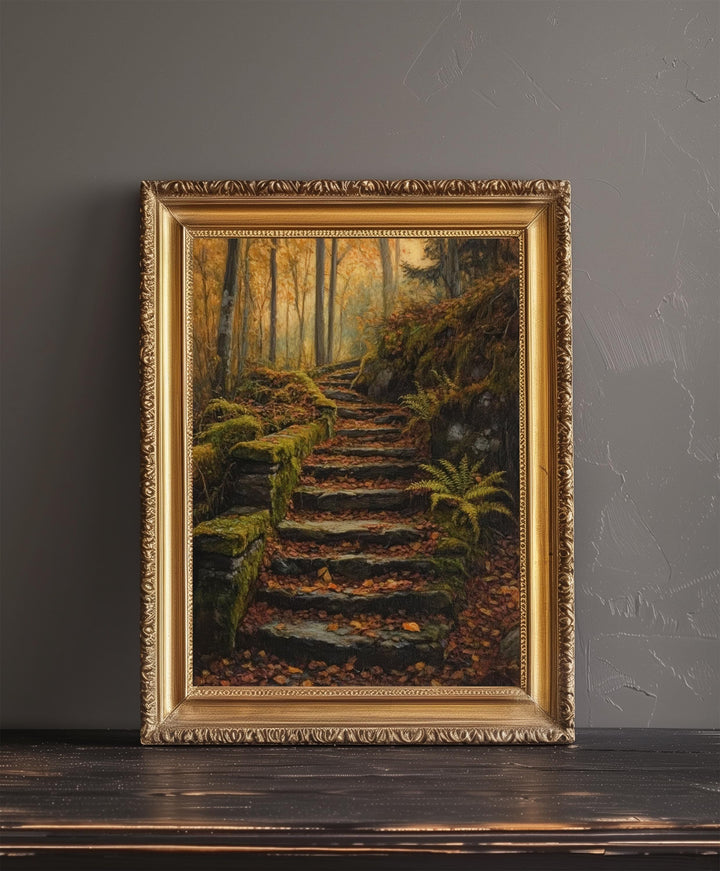 Mossy Stairway Into Wild Wood Art Print Cottagecore Landscape Wall Art Enchanted Forest Path Painting Rustic Nature Decor