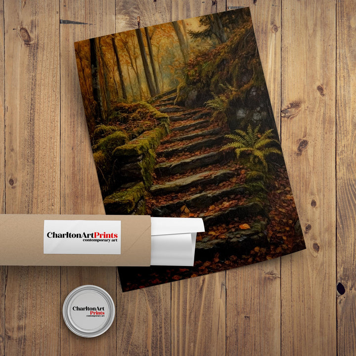 Mossy Stairway Into Wild Wood Art Print Cottagecore Landscape Wall Art Enchanted Forest Path Painting Rustic Nature Decor