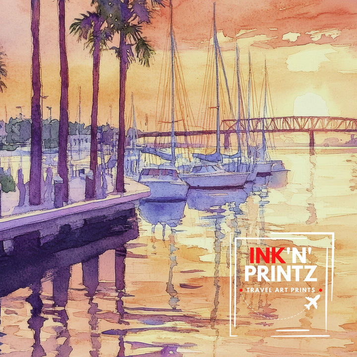 Bradenton Watercolor Painting Poster Florida USA Wall Art Coastal City Landscape Print Gift for American Scenic Gulf coast painting