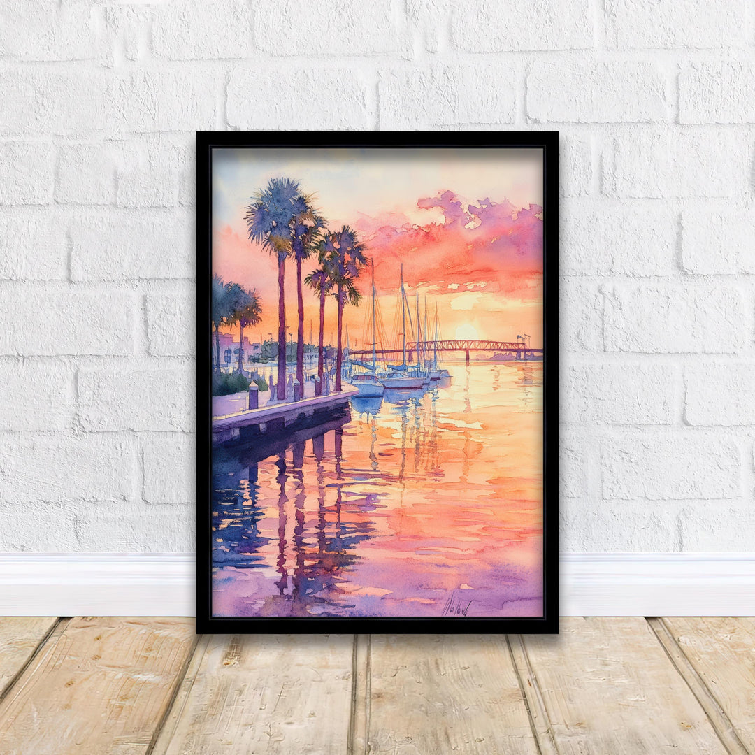 Bradenton Watercolor Painting Poster Florida USA Wall Art Coastal City Landscape Print Gift for American Scenic Gulf coast painting