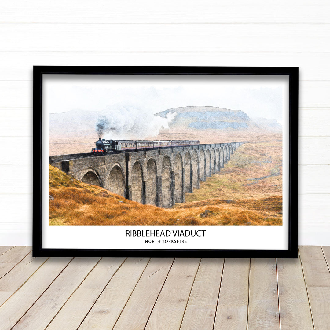 Ribblehead Viaduct Pencil Sketch Drawing Yorkshire Dales England Wall Art Countryside Print Gift for UK Lovers and Fans of Scenic British