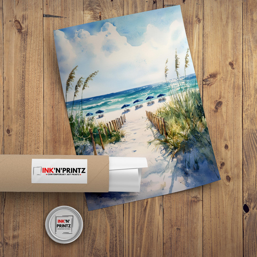 Destin Beach Florida Watercolor Painting Poster USA Wall Art Coastal Landscape Print Gift for American Lovers and Fans of Scenic Gulf Coast