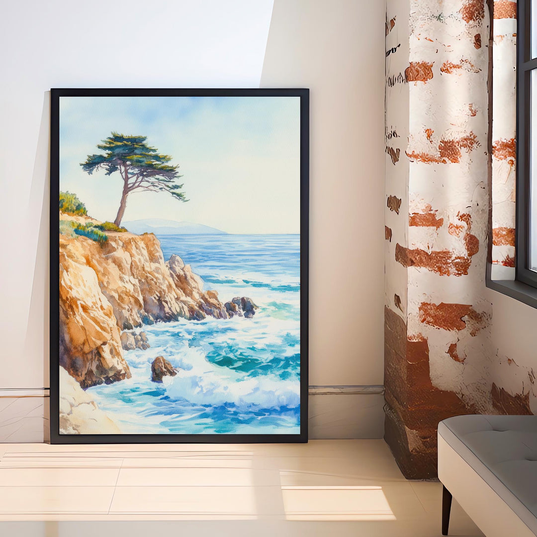 Monterey California Watercolor Painting Poster USA Wall Art Coastal Landscape Print Gift for American Lovers and Fans of Scenic Pacific