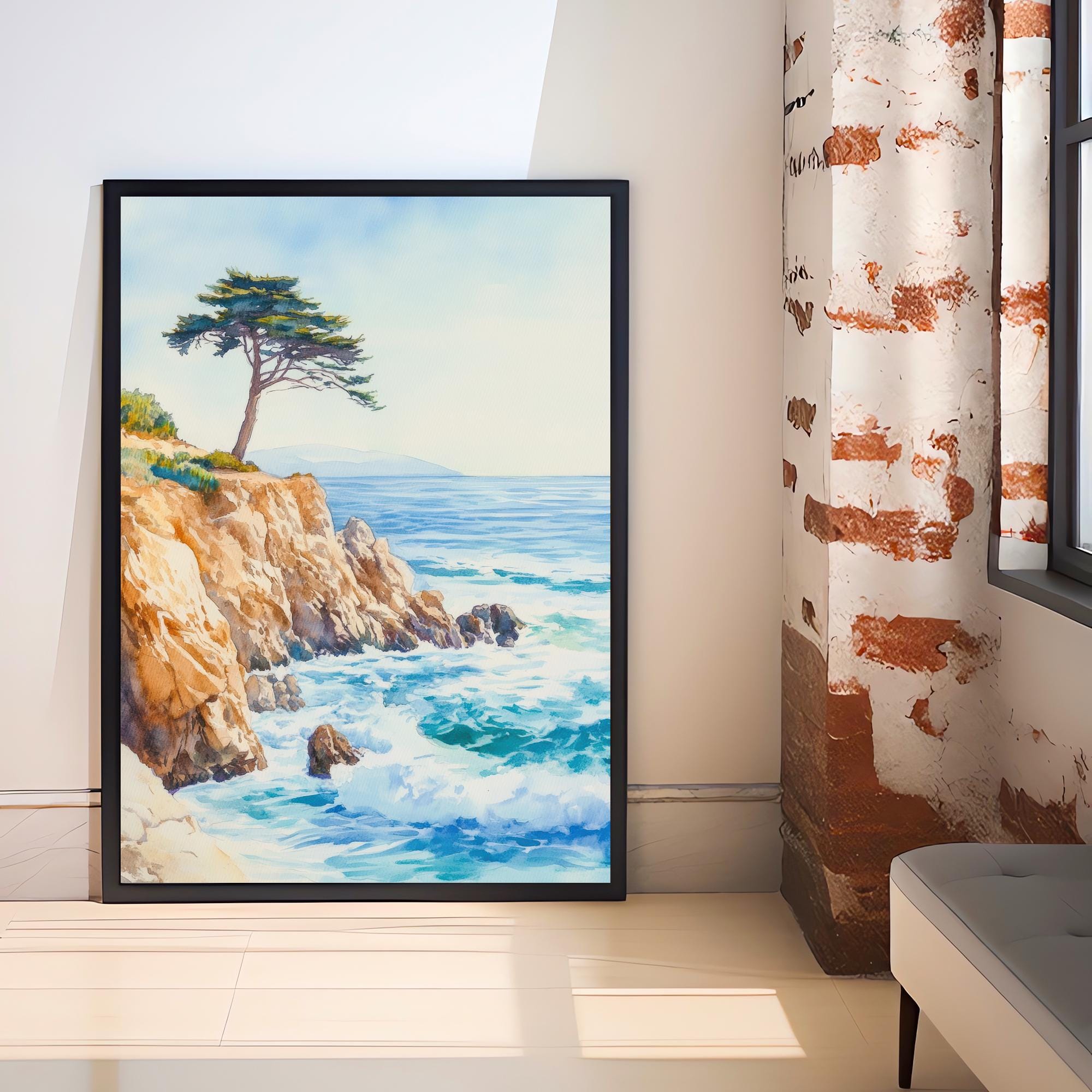 Monterey California Watercolor Painting Poster USA Wall Art Coastal Landscape Print Gift for American Lovers and Fans of Scenic Pacific