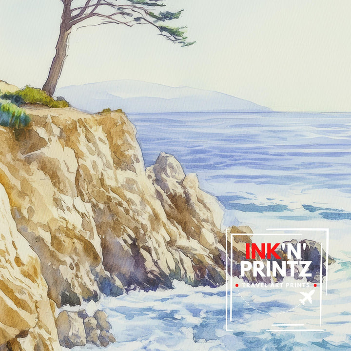 Monterey California Watercolor Painting Poster USA Wall Art Coastal Landscape Print Gift for American Lovers and Fans of Scenic Pacific