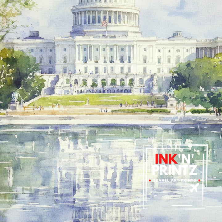 Washington DC Watercolor Painting Poster USA Wall Art City Skyline Landscape Print Gift for American Lovers and Fans of Scenic Historic