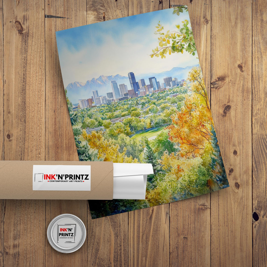 Denver Watercolor Painting Poster Colorado USA Wall Art City Skyline Landscape Print Gift for American Lovers and Fans of Scenic Rocky