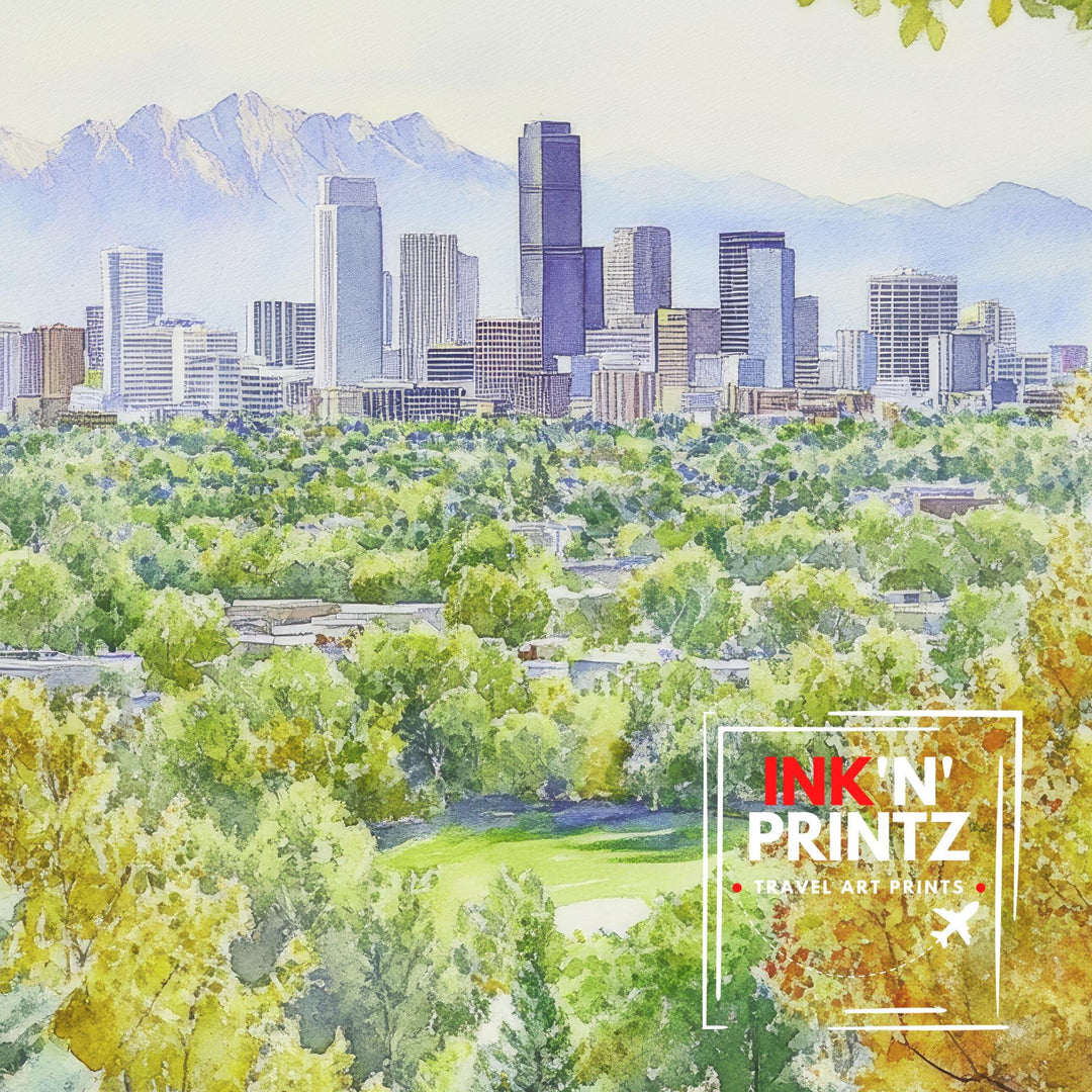 Denver Watercolor Painting Poster Colorado USA Wall Art City Skyline Landscape Print Gift for American Lovers and Fans of Scenic Rocky