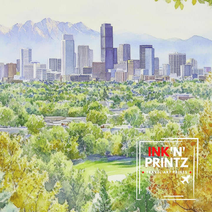 Denver Watercolor Painting Poster Colorado USA Wall Art City Skyline Landscape Print Gift for American Lovers and Fans of Scenic Rocky