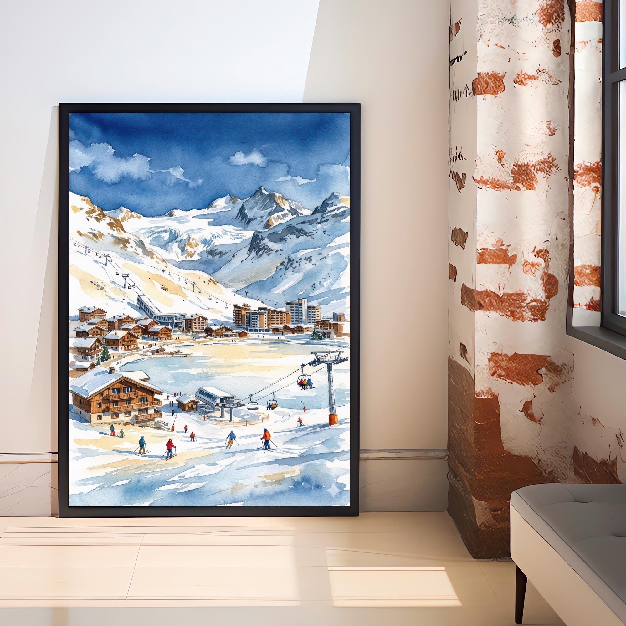 Tignes Ski Resort Watercolor Painting Poster France Wall Art Alpine Landscape Print Gift for Europe Lovers and Fans of Scenic French