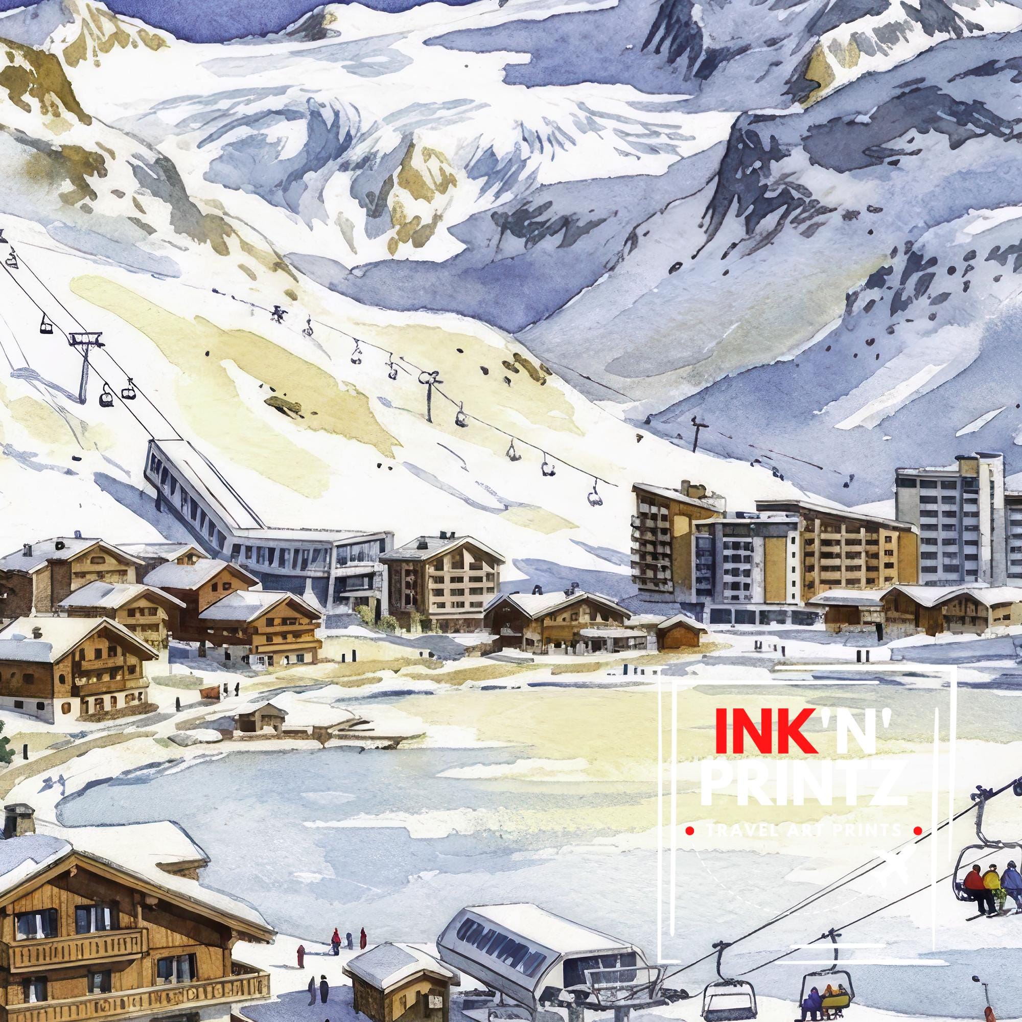 Tignes Ski Resort Watercolor Painting Poster France Wall Art Alpine Landscape Print Gift for Europe Lovers and Fans of Scenic French