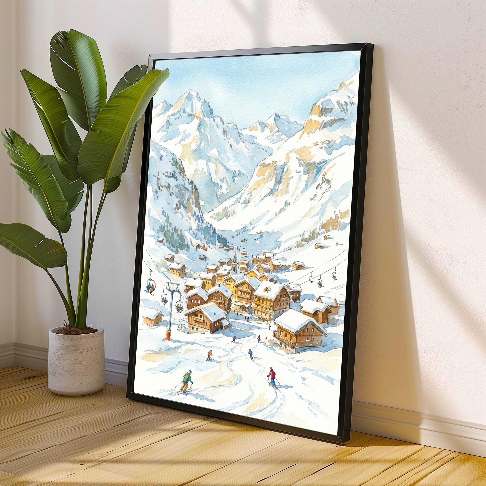 Val d Isere Ski Resort Watercolor Painting Poster France Wall Art Alpine Landscape Print Gift for Europe Lovers and Fans of Scenic French