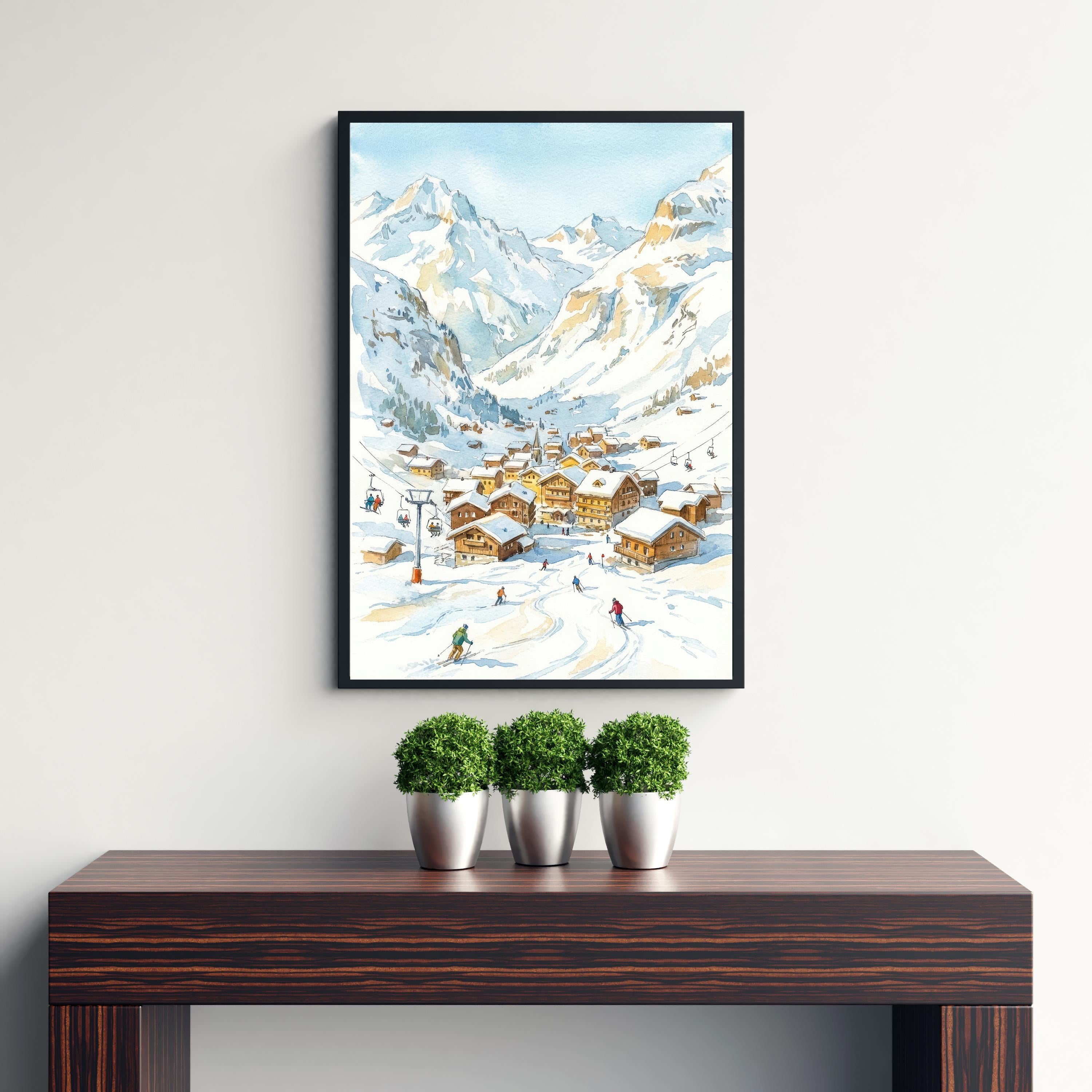Val d Isere Ski Resort Watercolor Painting Poster France Wall Art Alpine Landscape Print Gift for Europe Lovers and Fans of Scenic French