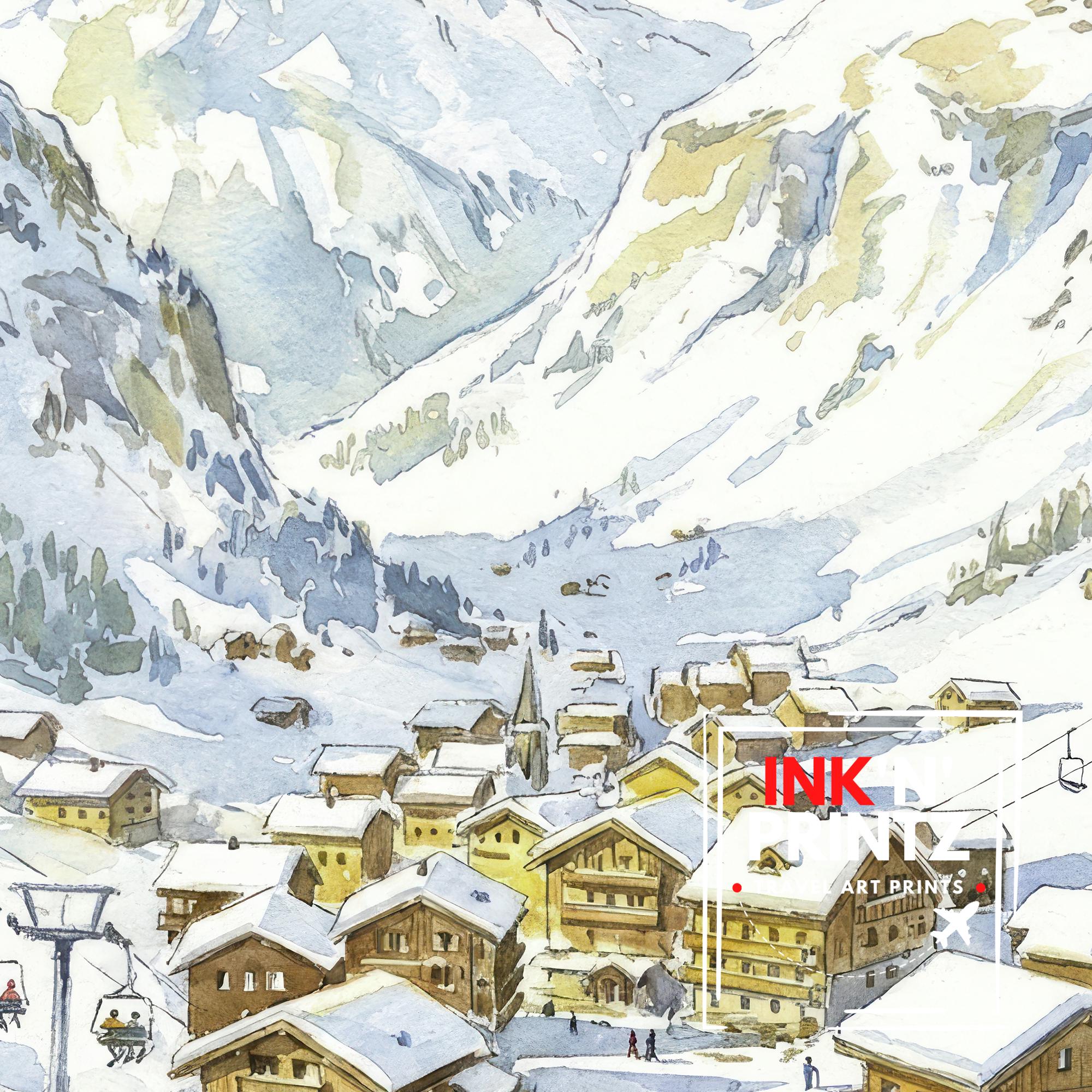 Val d Isere Ski Resort Watercolor Painting Poster France Wall Art Alpine Landscape Print Gift for Europe Lovers and Fans of Scenic French