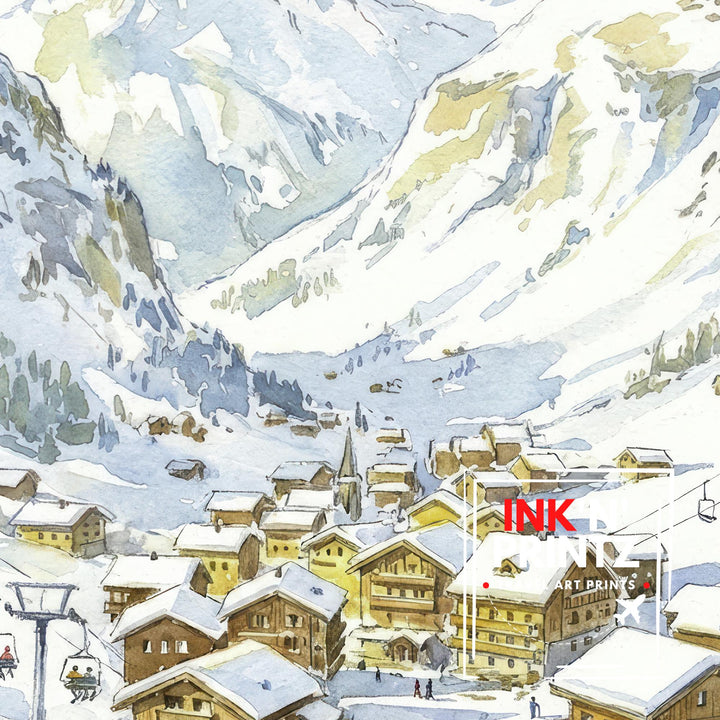 Val d Isere Ski Resort Watercolor Painting Poster France Wall Art Alpine Landscape Print Gift for Europe Lovers and Fans of Scenic French