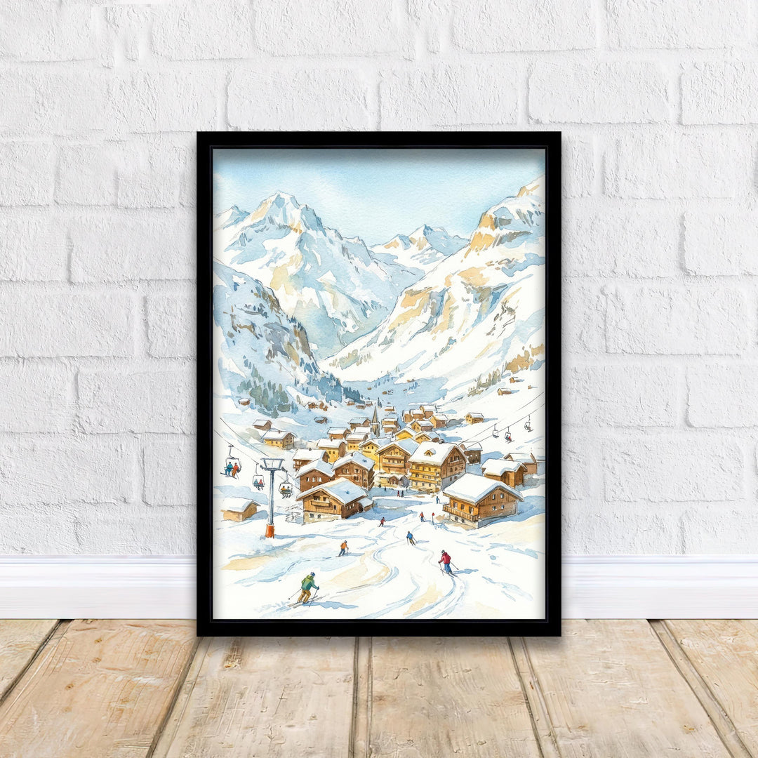 Val d Isere Ski Resort Watercolor Painting Poster France Wall Art Alpine Landscape Print Gift for Europe Lovers and Fans of Scenic French