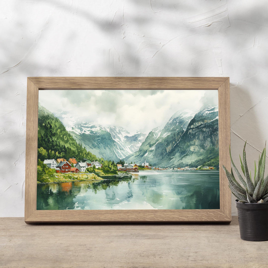 Olden Watercolour Painting Poster Norway Wall Art Fjord Landscape Print Gift for Europe Travel Lovers and Fans of Scenic Nordic Mountain